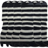 6x Womens Leg Warmers Disco Winter Knit Dance Party Crochet Legging Socks Costume - Black/White Stripe - Front View