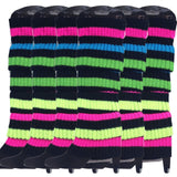 6x Womens Leg Warmers Disco Winter Knit Dance Party Crochet Legging Socks Costume - Rainbow with Black Stripe - Front View