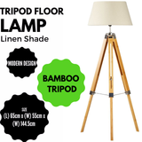 LARGE TRIPOD FLOOR LAMP Linen Shade Modern Light Bamboo Vintage Wooden Retro - Front View