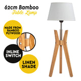 Bamboo Tripod Table Lamp Desk Modern Rustic Geo Light w Linen Shade - Front View