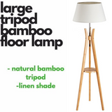 LARGE BAMBOO TRIPOD FLOOR LAMP Linen Shade Modern Light Vintage Wooden Scandi - Extra Image