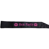 Bridesmaid Satin Sash with Pink Text for Hens Night - Black Design - Front View