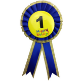 Festive Birthday Badge with Ribbon - Colorful Party Favor Rosette for Kids - Front View