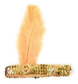 Roaring 20s Glam Flapper Headband with Feather and Sequin Accents - Gold/Orange Charleston Party Accessory - Front View
