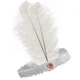 Roaring Twenties: Elegant White Flapper Headband with Feather and Sequin Details - Front View