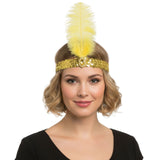 1920s FLAPPER HEADBAND Headpiece Feather Sequin Charleston Costume Gatsby Dance - Yellow - Front View