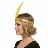 1920s FLAPPER HEADBAND Headpiece Feather Sequin Charleston Costume Gatsby Dance - Yellow - Side View