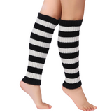 Pair of Womens Leg Warmers Disco Winter Knit Dance Party Crochet Legging Socks Costume - Black/White Stripe - Front View