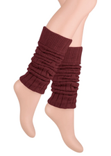Pair of Womens Leg Warmers Disco Winter Knit Dance Party Crochet Legging Socks Costume - Burgundy - Front View