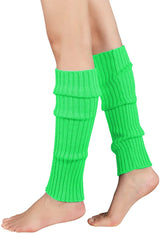 Pair of Womens Leg Warmers Disco Winter Knit Dance Party Crochet Legging Socks Costume - Fluro Green - Front View