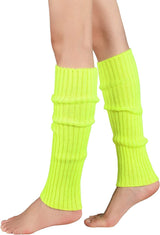 Pair of Womens Leg Warmers Disco Winter Knit Dance Party Crochet Legging Socks Costume - Fluro Yellow - Front View
