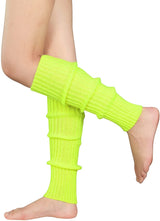 Pair of Womens Leg Warmers Disco Winter Knit Dance Party Crochet Legging Socks Costume - Fluro Yellow - Side View