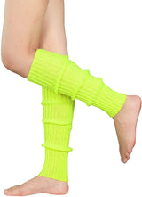 Pair of Womens Leg Warmers Disco Winter Knit Dance Party Crochet Legging Socks Costume - Fluro Yellow