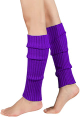 Pair of Womens Leg Warmers Disco Winter Knit Dance Party Crochet Legging Socks Costume - Purple - Front View