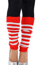 Pair of Womens Leg Warmers Disco Winter Knit Dance Party Crochet Legging Socks Costume - Red/White Stripe - Front View