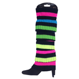Pair of Womens Leg Warmers Disco Winter Knit Dance Party Crochet Legging Socks Costume - Rainbow with Black Stripe - Front View