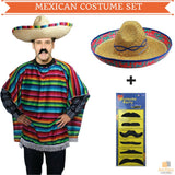MEXICAN PONCHO & SOMBRERO SET Costume Wild West Moustache Cowboy Bandit Party - Front View
