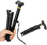 Adjustable Metal WALKING STICK Travel Cane Folding Pole Compact Retractable Hike - Black - Top-Down View