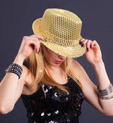 SEQUIN HAT Trilby Fedora Glitter Cap Costume Dance Party - Yellow/Gold - 45-Degree Angle