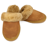 100% Sheepskin Moccasin Slippers Winter Genuine Scuffs Slip On Mens Womens - Chestnut (with fur) - 5 - Front View