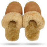 100% Sheepskin Moccasin Slippers Winter Genuine Scuffs Slip On Mens Womens - Chestnut (with fur) - 5 - Top-Down View
