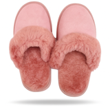 100% Sheepskin Moccasin Slippers Winter Genuine Scuffs Slip On Mens Womens - Pink (with fur) - 7 - Top-Down View