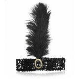 WIDE FLAPPER HEADBAND Feather Sequin Costume Gatsby Charleston Headpiece 1920s - Black - Front View