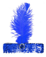 Glamorous 1920s Blue Feather & Sequin Charleston Flapper Headband - Front View