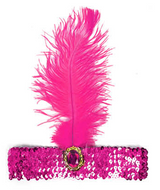 Vibrant Fuchsia 1920s Flapper Headband with Feather and Sequin Embellishments - Front View