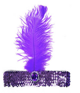 Roaring Twenties: Sequined Flapper Headband with Feather Detail - Purple 1920s Elegance - Front View