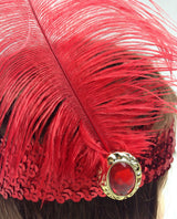 Roaring 20s Red Flapper Headband with Feather and Sequin Accents - Top-Down View