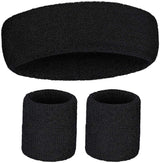 WRISTBAND & HEADBAND SET Tennis Terry Towelling Cotton Sweat Band Team Gym  - Black - Front View