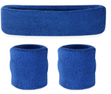 WRISTBAND & HEADBAND SET Tennis Terry Towelling Cotton Sweat Band Team Gym  - Blue - Front View