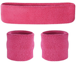 WRISTBAND & HEADBAND SET Tennis Terry Towelling Cotton Sweat Band Team Gym  - Hot Pink - Front View