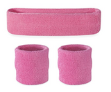 WRISTBAND & HEADBAND SET Tennis Terry Towelling Cotton Sweat Band Team Gym  - Light Pink - Front View