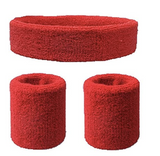 WRISTBAND & HEADBAND SET Tennis Terry Towelling Cotton Sweat Band Team Gym  - Red - Front View