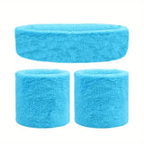 WRISTBAND & HEADBAND SET Tennis Terry Towelling Cotton Sweat Band Team Gym  - Sky Blue - Front View