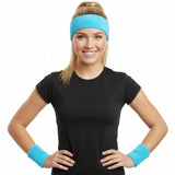 WRISTBAND & HEADBAND SET Tennis Terry Towelling Cotton Sweat Band Team Gym - Sky Blue