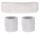 WRISTBAND & HEADBAND SET Tennis Terry Towelling Cotton Sweat Band Team Gym  - White - Front View
