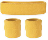 WRISTBAND & HEADBAND SET Tennis Terry Towelling Cotton Sweat Band Team Gym  - Yellow - Front View