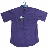 Bisley Mens Short Sleeve Check Shirt Checkered Cotton Blend Casual Business Work - Navy - S - Front View