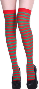 Christmas Over The Knee Socks Red Green Xmas Candy Cane Striped Socks Elf - Front View