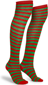 Christmas Over The Knee Socks Red Green Xmas Candy Cane Striped Socks Elf - Top-Down View