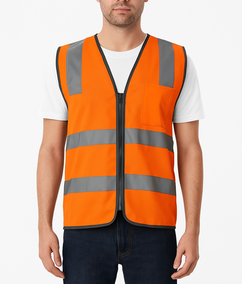 Hi Vis Safety Vest Reflective Tape Zip Up Workwear Pocket High Visibility in Orange - S