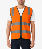 Hi Vis Safety Vest Reflective Tape Zip Up Workwear Pocket High Visibility in Orange - S - Front View
