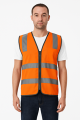 Hi Vis Safety Vest Reflective Tape Zip Up Workwear Pocket High Visibility in Orange - S - Rear View