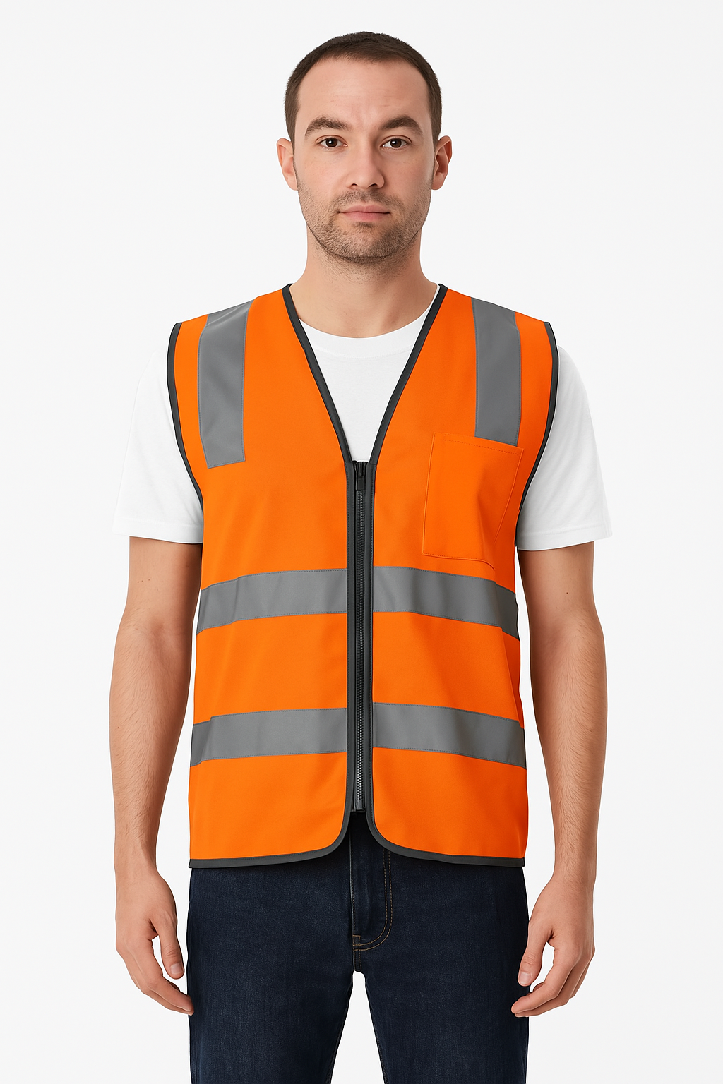 Hi Vis Safety Vest Reflective Tape Zip Up Workwear Pocket High Visibility in Orange - XL