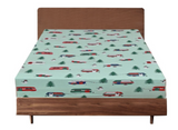Queen Luxury 100% Cotton Flannelette Fitted Bed Sheet Flannel - Trees/Caravan - Front View