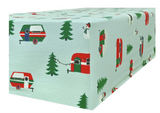 Queen Luxury 100% Cotton Flannelette Fitted Bed Sheet Flannel - Trees/Caravan - Top-Down View