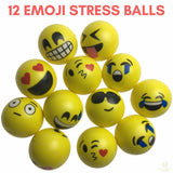 12 EMOJI FACE STRESS BALLS Hand Relief Squeeze Tension Reliever Soft Smiley 70mm - Front View